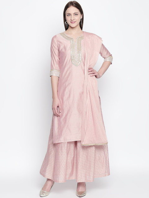 

RANGMANCH BY PANTALOONS Women Pink Yoke Design Regular Kurta with Palazzos & Dupatta