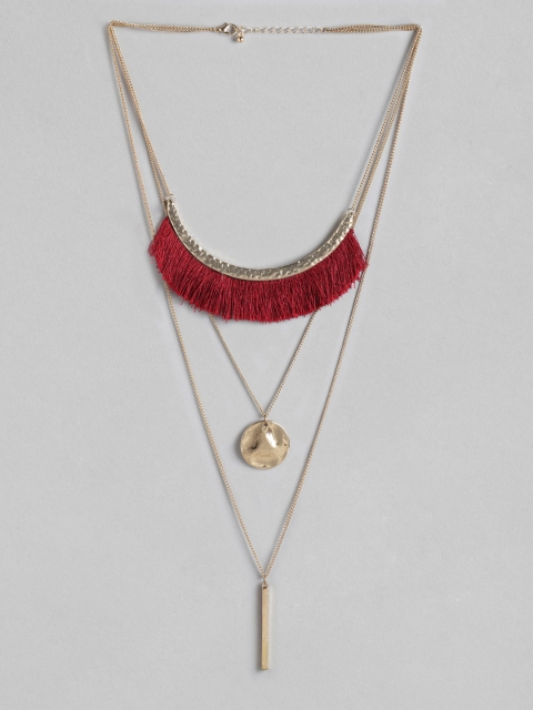 

Anouk Maroon Gold-Plated Fringed Layered Necklace