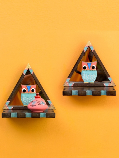 

AAKRITI ART CREATIONS Set Of 2 Brown & Blue Triangular Wall Decor Shelves