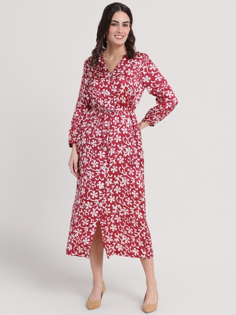 

FableStreet Maroon Floral Satin Formal Midi Shift Dress