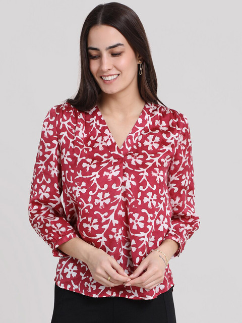 

FableStreet Maroon Floral Satin Regular Top