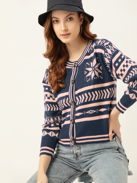 

DressBerry Women Navy Blue & Pink Fair Isle Cardigan