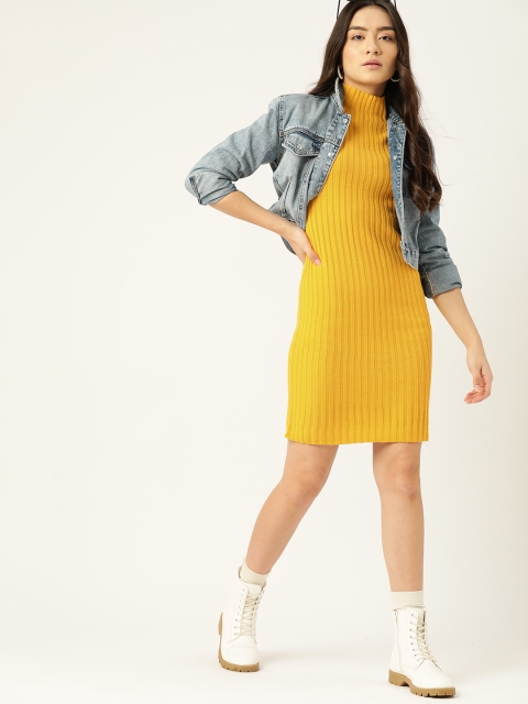 

DressBerry Mustard Yellow Self-Striped Sweater Dress