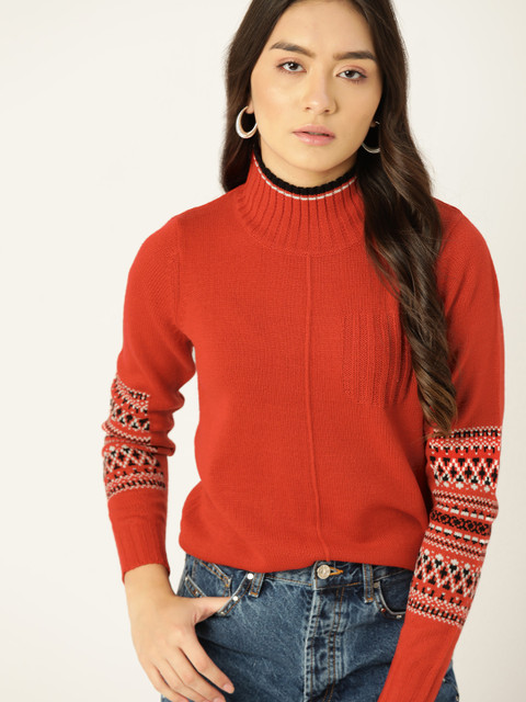 

DressBerry Women Rust Orange & Black Solid High Neck Pullover