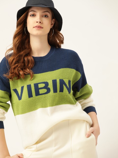 

DressBerry Women Navy Blue & Green Typography Colourblocked Pullover