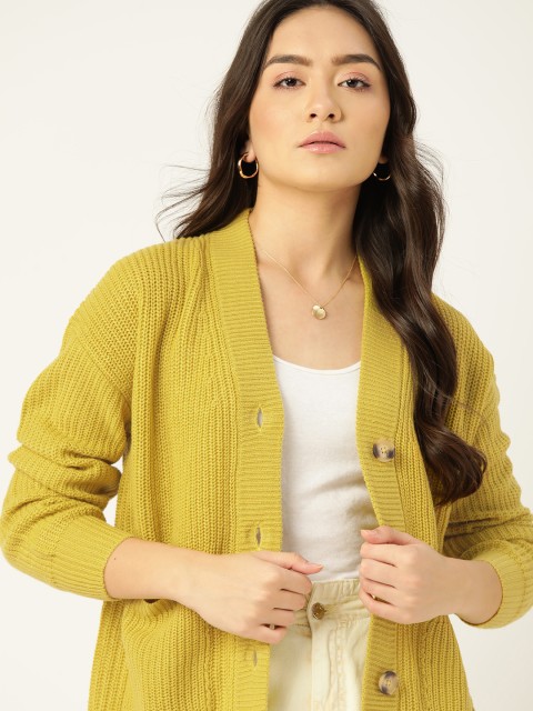 

DressBerry Women Mustard Yellow Solid Cardigan