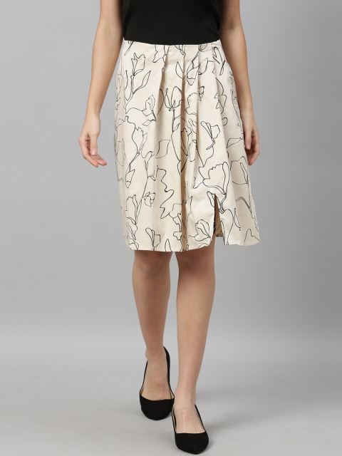 

RAREISM Women Off White & Black Floral Printed Flared Knee-Length Skirt