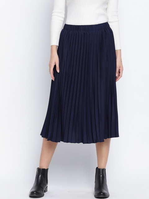 

Oxolloxo Women Navy Blue Solid Pleated Midi Skirt