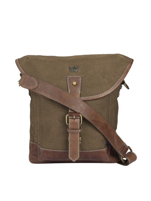 

echt Men Olive Green & Brown Leather Messenger Bag