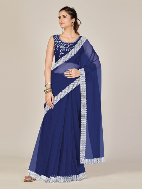

SUTRAM Navy Blue & White Net Ready to Wear Saree