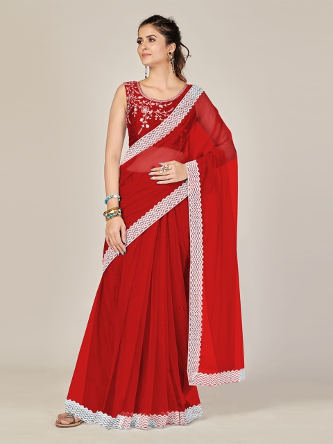 

SUTRAM Red & White Net Ready to Wear Saree