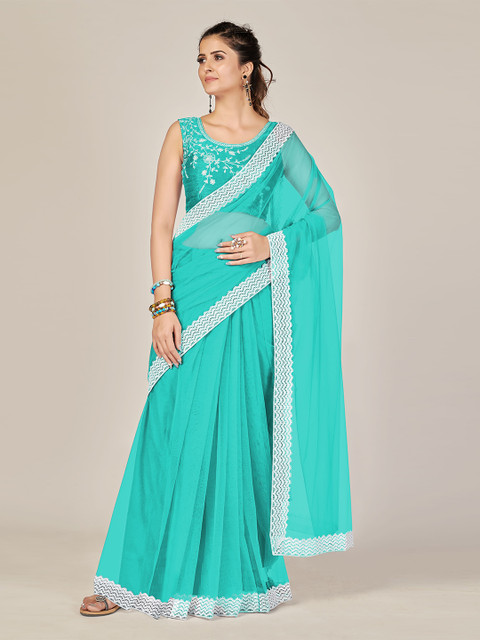 

SUTRAM Turquoise Blue & White Net Saree