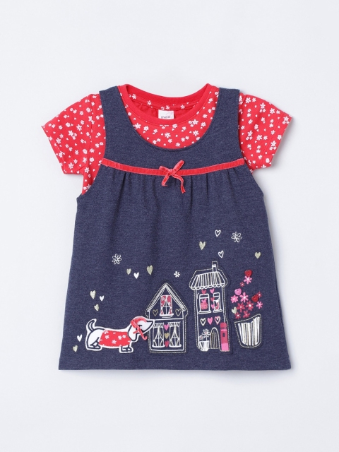 

max Girls Navy Blue & White Printed Applique A-Line Dress with Top