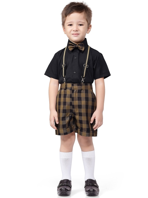 

Jeetethnics Boys Black & Brown Shirt With Checked Shorts With Bow & Suspenders Set