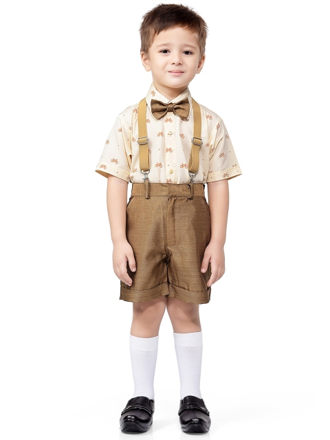 

Jeetethnics Boys Brown & White Printed Shirt with Shorts With Suspender & Bow Set