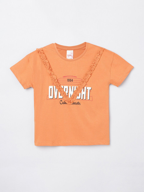 

max Girls Orange Typography Printed Applique T-shirt