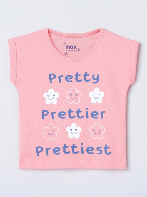 

max Girls Peach-Coloured Printed Extended Sleeves T-shirt