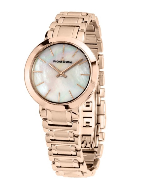 

Jacques Lemans Women Pearl Dial & Rose Gold Toned Stainless Steel Bracelet Style Watch, Silver