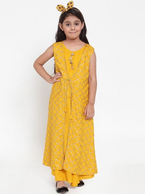 

KYDZI Girls Mustard Yellow Printed Rayon Dress