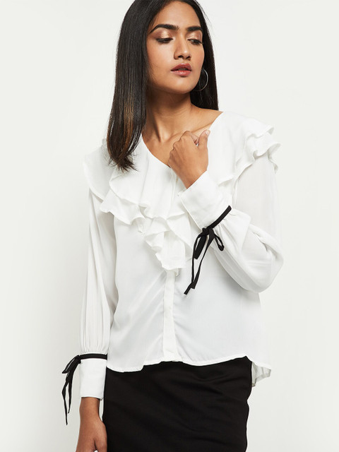 

max Women Cream-Coloured Ruffles Regular Top