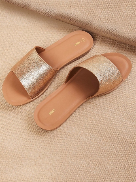 

max Women Gold-Toned Textured Slip On Open Toe Flats