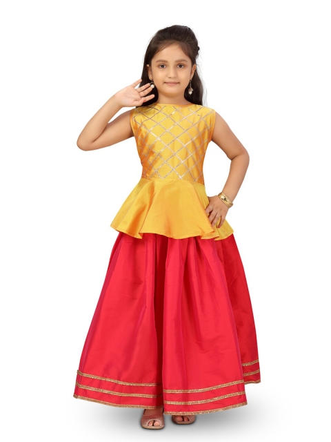 

Aarika Girls Yellow & Red Checked Embellished Ready To Wear Lehenga Choli