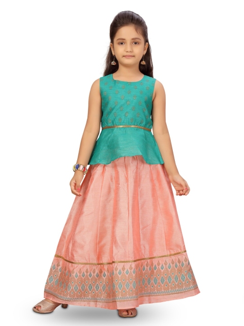 

Aarika Girls Green & Peach-Coloured Printed Ready to Wear Lehenga Choli