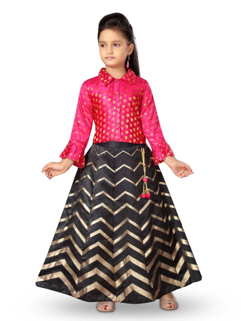 

Aarika Girls Pink & Black Printed Foil Print Ready to Wear Lehenga Choli