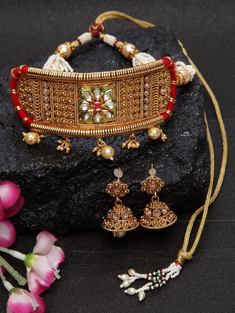 

DUGRISTYLE Gold Plated White Kundan Studded Handcrafted Jewellery Set