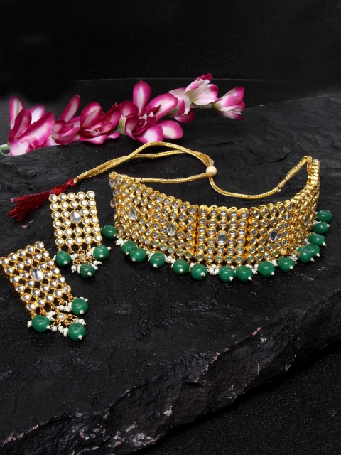 

DUGRISTYLE Gold-Plated Green Kundan-Studded Pearl Beaded Handcrafted Choker Jewellery Set