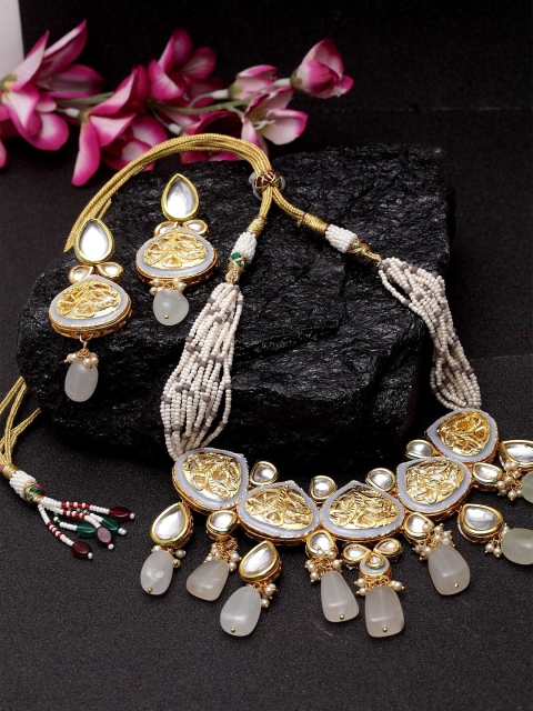 

DUGRISTYLE Gold-Plated Grey Stone-Studded Pearl Beaded Handcrafted Jewellery Set