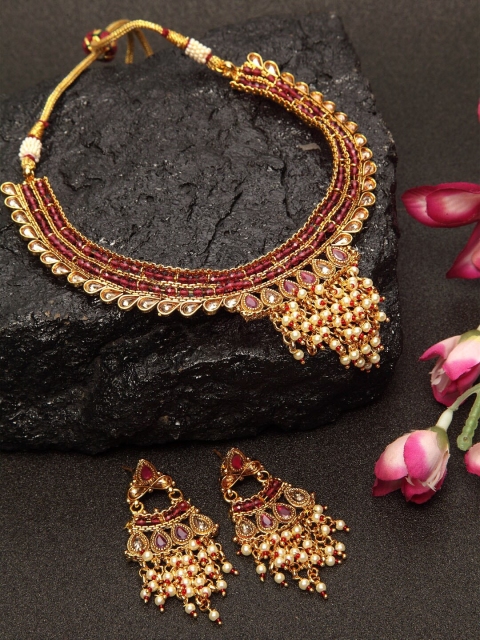 

DUGRISTYLE Gold Plated Red Kundan Studded Pearl Beaded Handcrafted Jewellery Set