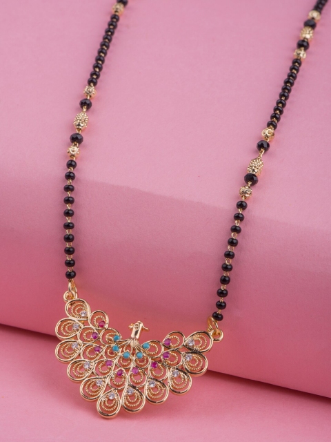 

Alankruthi Gold-Plated Black & Gold Peacock Design AD Studded Mangalsutra