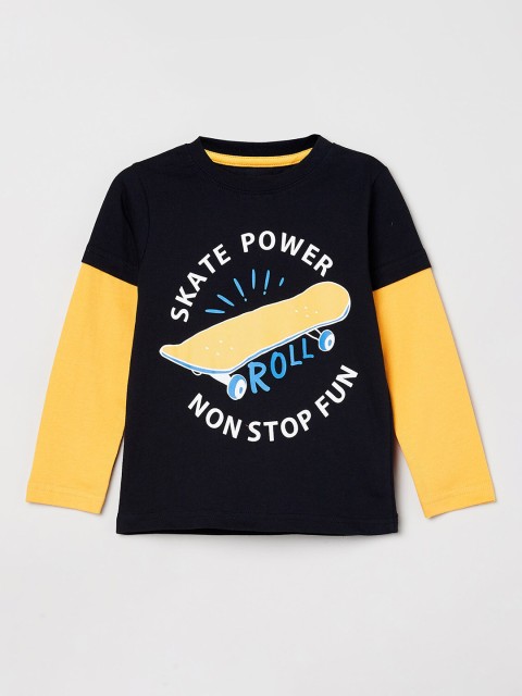 

max Boys Navy Blue & Yellow Graphic Printed T-shirt