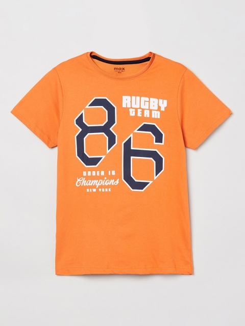 

max Boys Orange & Navy Blue Typography Printed T-shirt