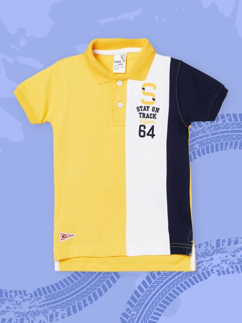 

max Boys Yellow White Colourblocked Polo Collar Cotton Pure Cotton T-shirt