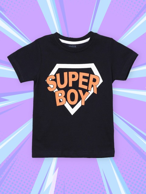 

max Boys Navy Blue Orange Typography Printed Cotton Pure Cotton T-shirt