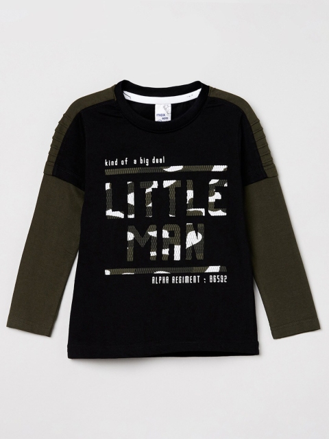 

max Boys Black & Olive Green Typography Printed T-shirt