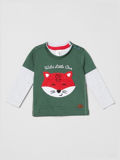 max Boys Green & White Typography Printed Applique T-shirt