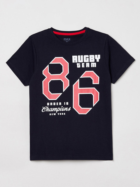 

max Boys Navy Blue White Typography Printed Pure Cotton T-shirt