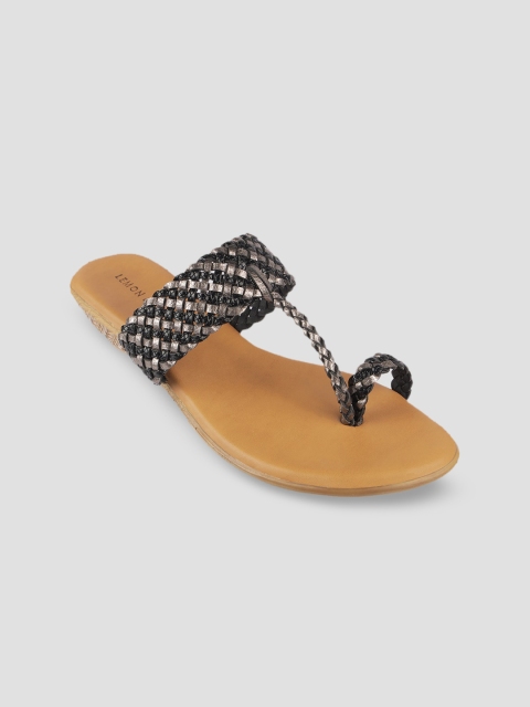 

LEMON & PEPPER Women Gunmetal-Toned Embellished One Toe Flats, Metallic