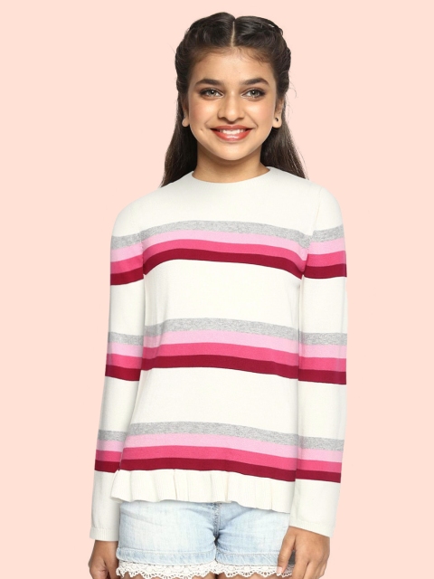 

United Colors of Benetton Girls White & Pink Striped Pure Cotton Pullover