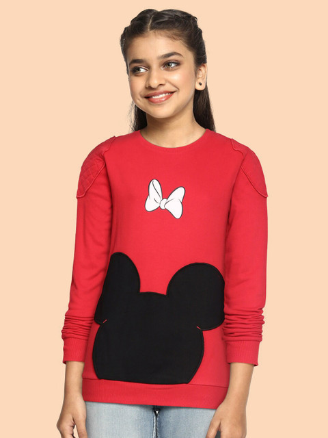 

United Colors of Benetton Girls Red & Black Pure Cotton Mickey Mouse Applique Sweatshirt