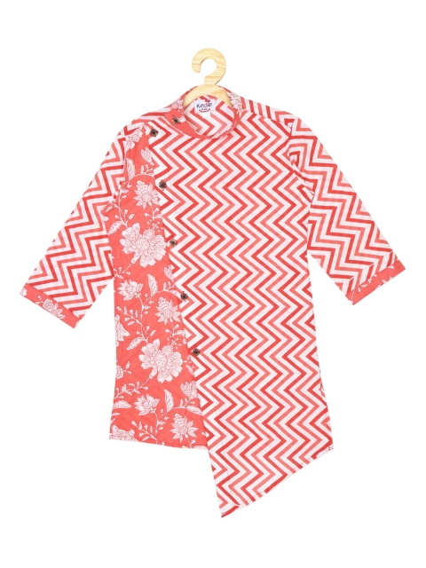 

Kinder Kids Boys Red & White Chevron Printed Pure Cotton Kurta