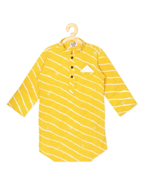 

Kinder Kids Boys Yellow Full Sleeves Lehriya Printed Kurta