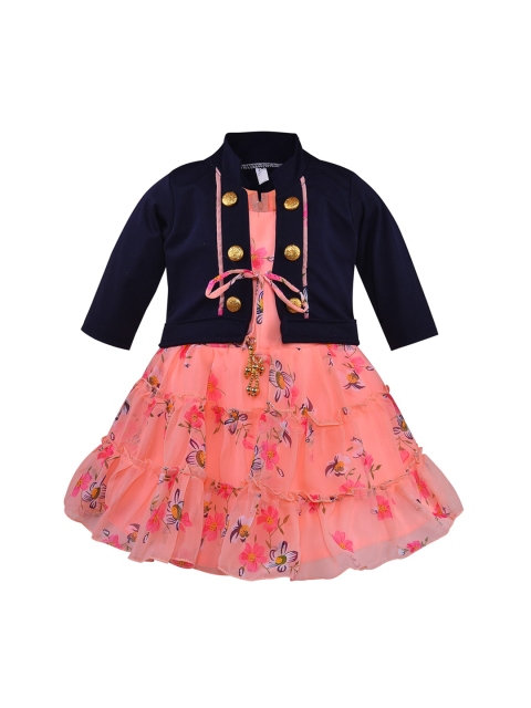 Wish Karo Girls Peach-Coloured & White Floral Georgette Dress with Jacket