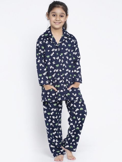 

KYDZI Girls Navy Blue & White Printed Night suit
