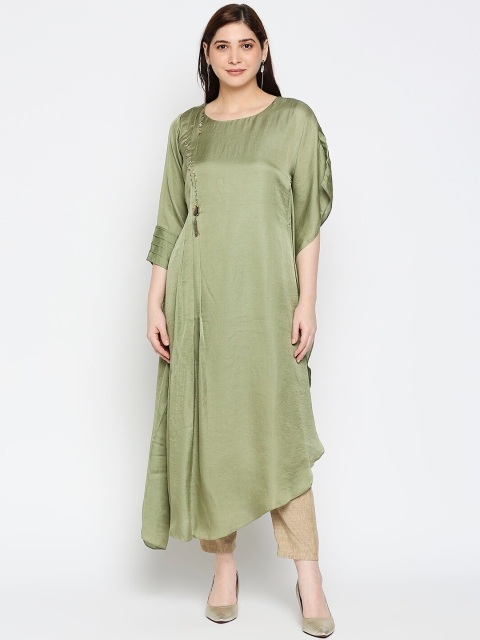 

Kuber Studio Women Olive Green & Gold-Coloured Pleated Kaftan Kurta with Trousers