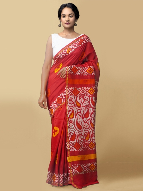 

Unnati Silks Women Red & White Pure Batik Chanderi Sico Sustainable Saree