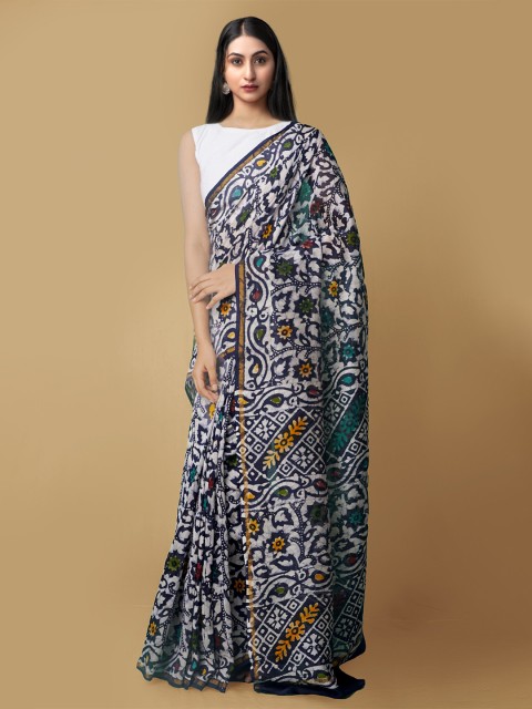 

Unnati Silks Blue & White Batik Zari Silk Cotton Chanderi Saree